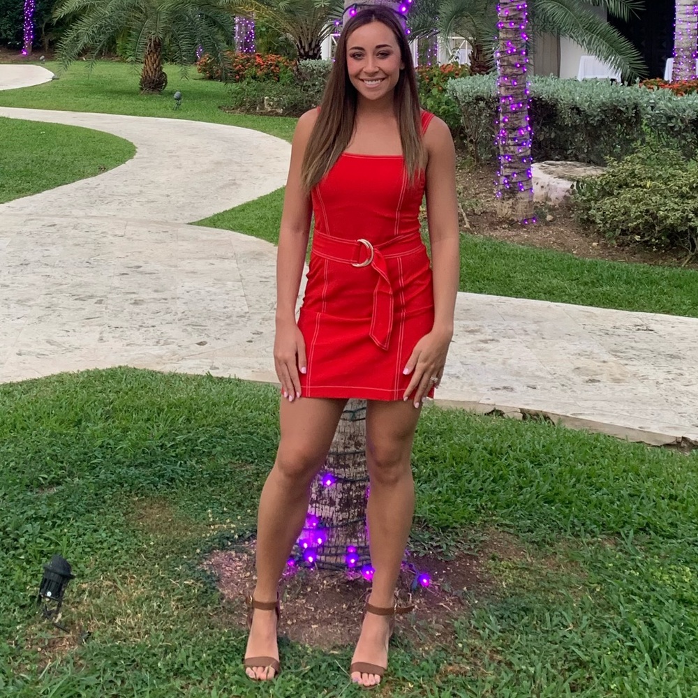 Red body con dress with belt